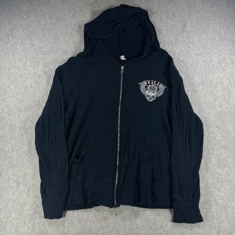 Y2K Womens Black Zip Up Hoodie Devilish Skull Wings Rhinestone Fits Like Large